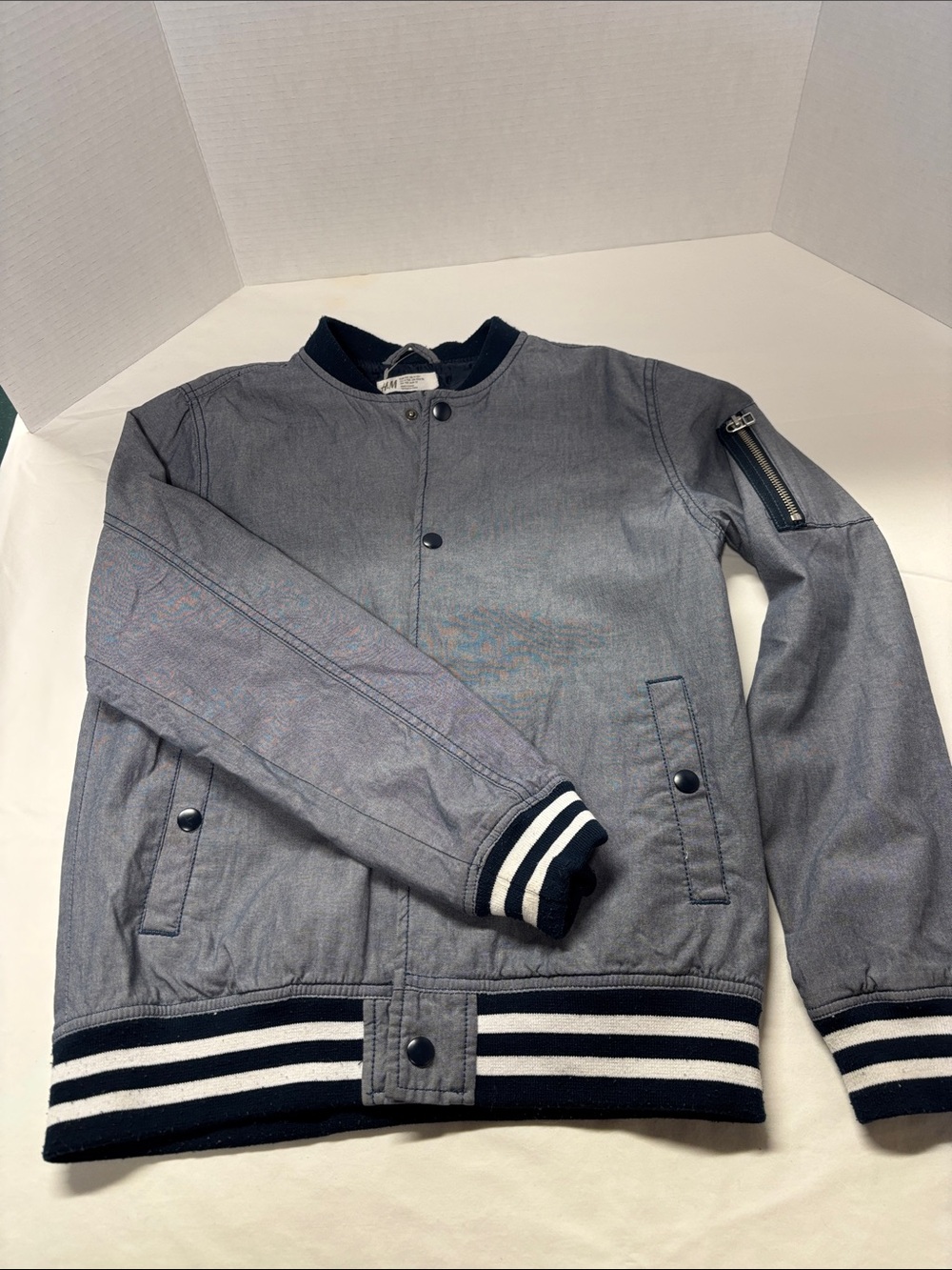 Boys H&M Spring Cotton and lined Bomber Jacket with Stripe Trim